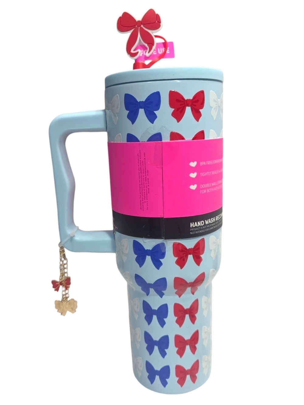 Betsey Johnson 40oz Stainless Steel Insulated Tumbler Bow Print Red White Blue - Picture 2 of 8